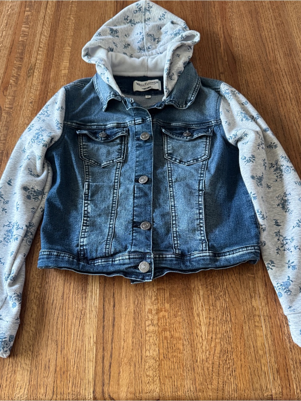 WallFlower "The Dreamer" Mixed Media Floral Hooded Denim Jacket - Size M